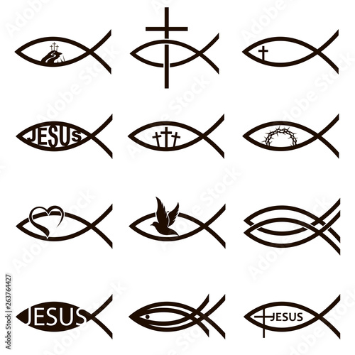 collection of black jesus fish icons isolated on white background
