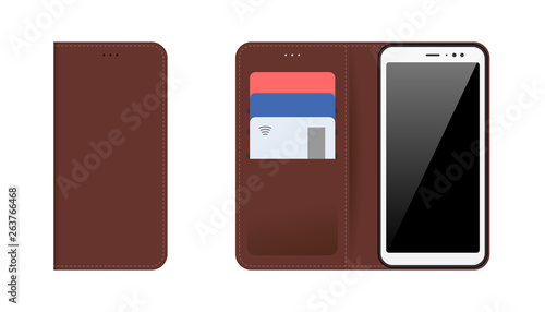 Mobile device smartphone with open and closed brown stitched leather case, plastic bank cards in pockets. Vector flat illustration set