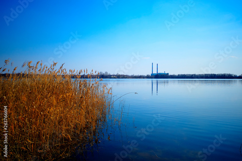 Power plant on river landscape background hd © spacedrone808