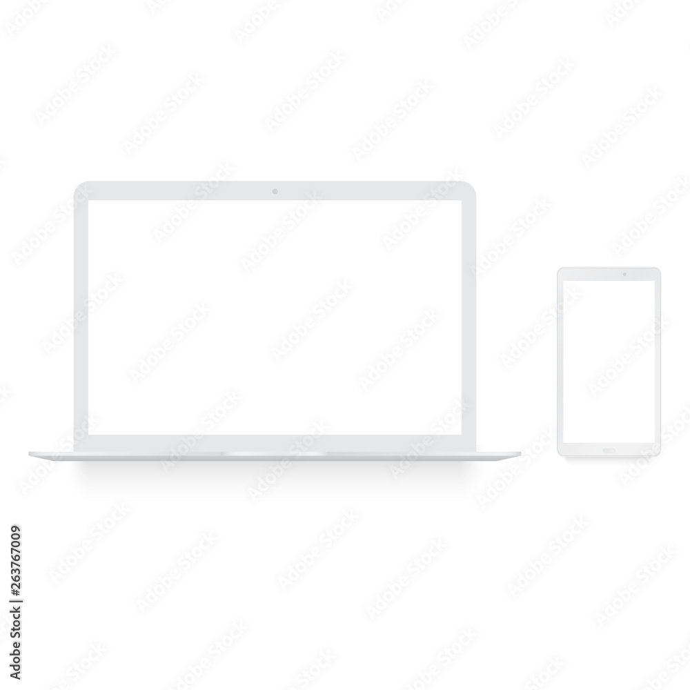 Realistic white laptop and smartphone mock up . Vector. Realistic white laptop and smartphone mock up . Vector.