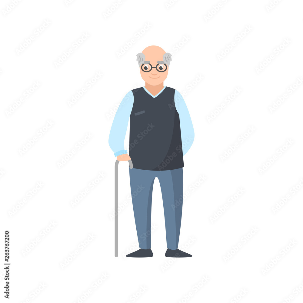 Senior man with eyeglasses in blue pants stay in walking stick