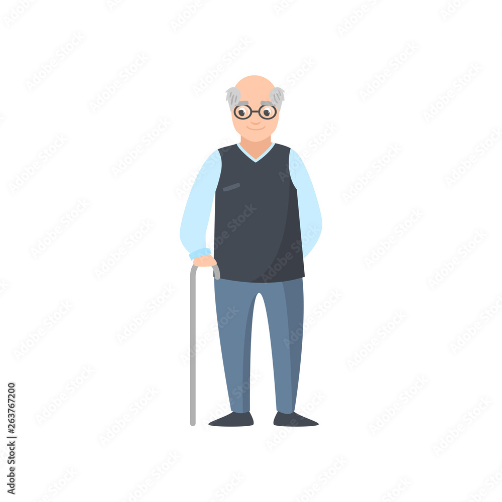 Senior man with eyeglasses in blue pants stay in walking stick Senior man with eyeglasses in blue pants stay in walking stick