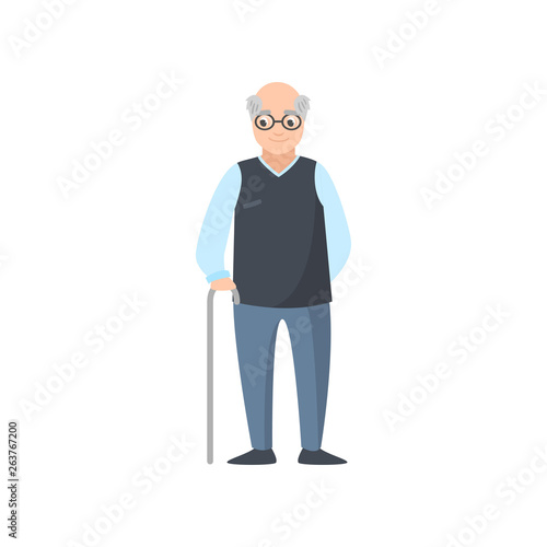 Senior man with eyeglasses in blue pants stay in walking stick