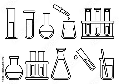 Chemical equipment, chemical flasks, outline design. Vector illustration