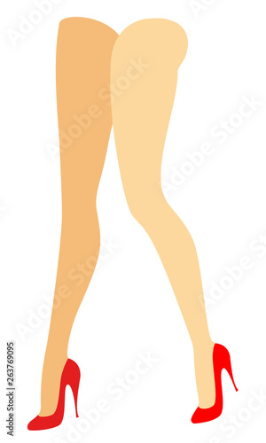 Silhouette figure of a lady in a bikini. Slender legs of a young girl in red shoes. The woman is coming. Feet well-groomed, beautiful silky skin. Vector illustration.