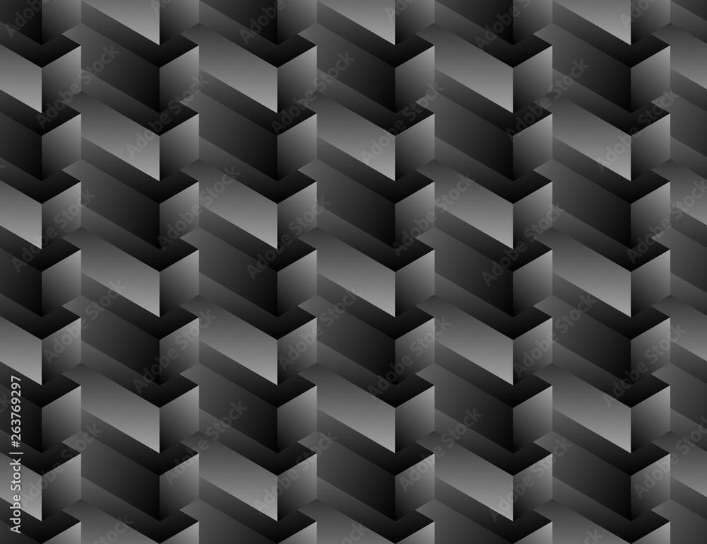 Isometric seamless pattern, volume realistic texture, black white background. 3d geometric tiles with cubes. Architectural uncolored backdrop for web, wallpaper, fabric, wrapping, paper, print.