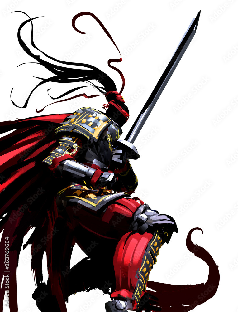 Fototapeta premium A samurai in a red cloak stands ready in a dynamic perspective