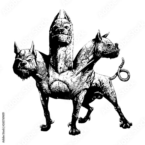 Multi headed dog Cerberus illustration. Hound of Hades. Greek mythology.