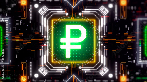 The Ruble money cyber futuristic symbol. Abstract finance and business 3d render