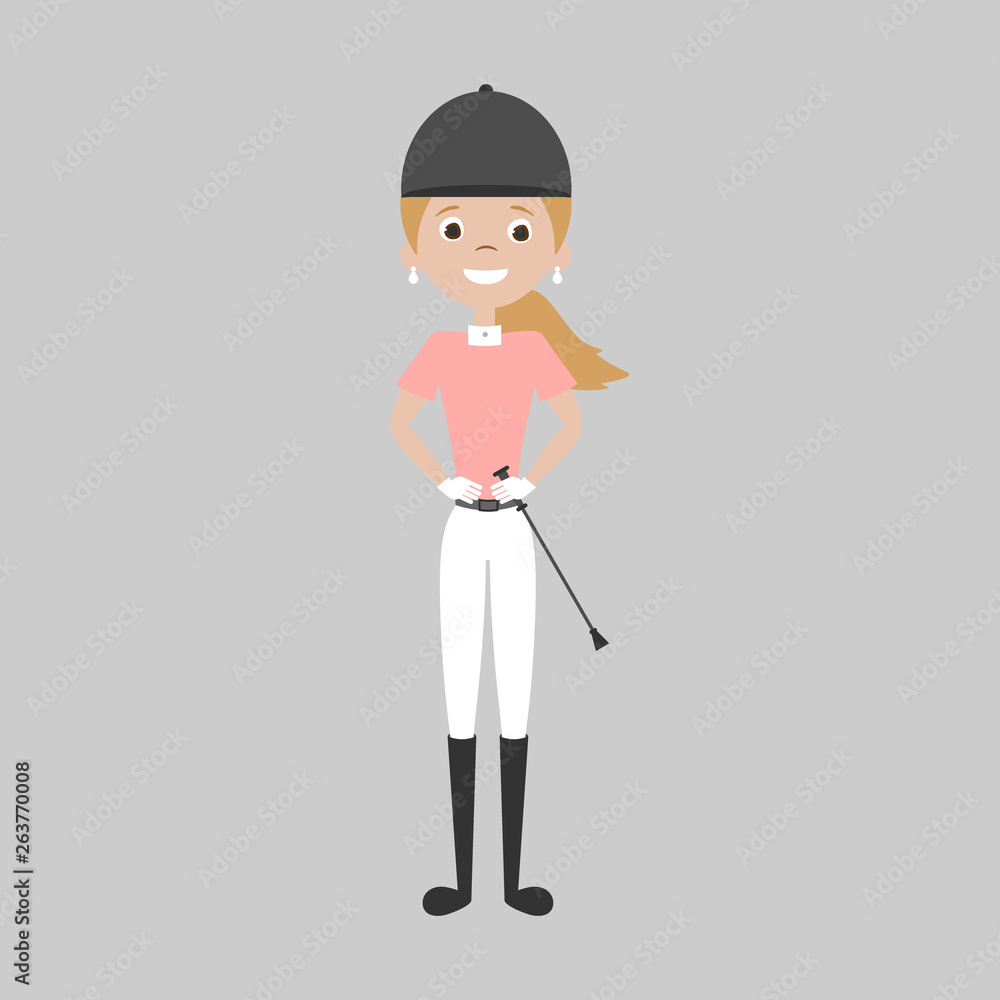Cute equestrian horse rider girl smiling and standing isolated on gray background in white breeches and pink polo with whip Cute equestrian horse rider girl smiling and standing isolated on gray background in white breeches and pink polo with whip