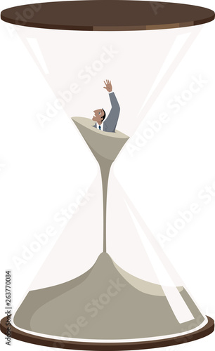 Man is drowning in the sand inside an hourglass, EPS 8 vector illustration	