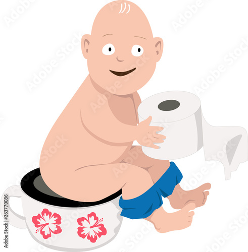 Happy baby sitting on a potty with toilet paper in his hands, EPS 8 vector illustration	