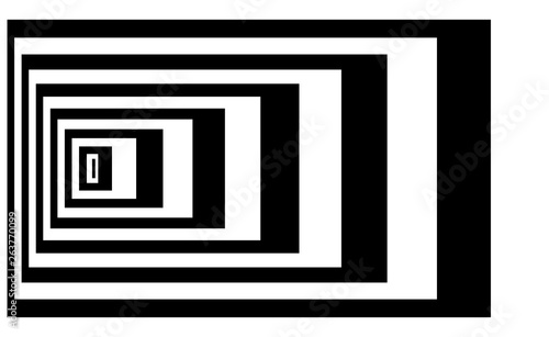 Optical background with striped black and white rectangles. Deep immersion, space tunnel, architectural corridor. Hypnotic texture, op art abstraction.
