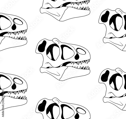 vector seamless pattern of black graphical tyrannosaur skull on white background