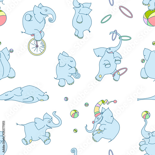 Vector seamless pattern of cute cartoon elephants. Circus elephants clowns with balls, hoops, unicycles on white background