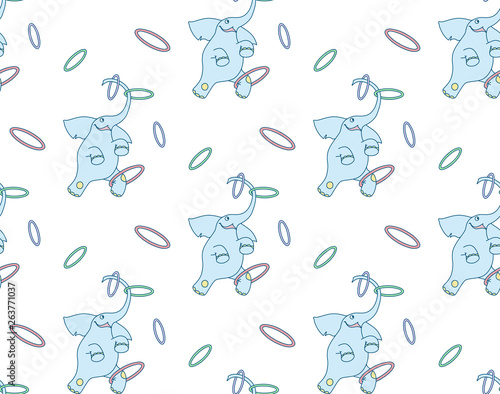 Vector seamless pattern of cheerful cartoon elephant juggler with hoops on white background © olhabocharova