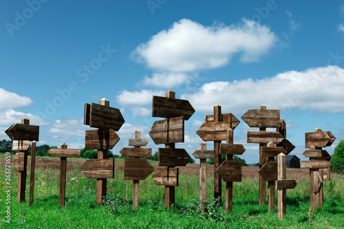 Wooden signs indicating the direction