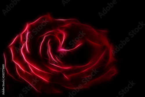 Fractal image of a large terry red rose on a contrasting black background close-up