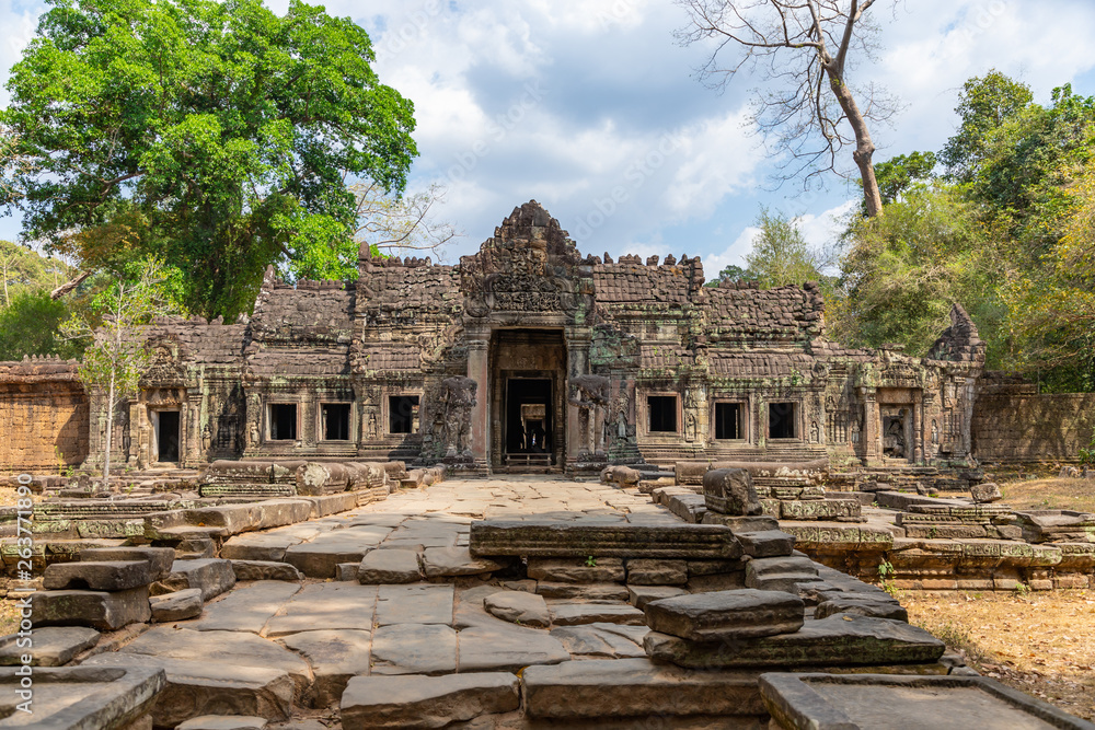 Entrance to ancient Preah Khan temple in amazing Angkor, Siem Reap, Cambodia. Mysterious Preah Khan nestled among rainforest.