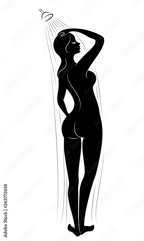 Silhouette of a cute lady. The girl washes in the shower. The woman has a beautiful slim figure. Vector illustration. Silhouette of a cute lady. The girl washes in the shower. The woman has a beautiful slim figure. Vector illustration.