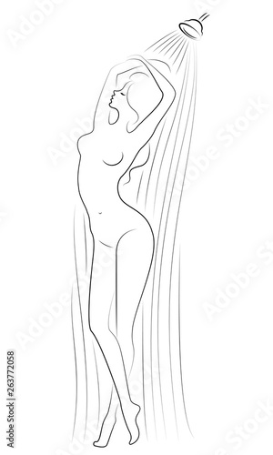 Silhouette of a cute lady. The girl washes in the shower. The woman has a beautiful slim figure. Vector illustration.
