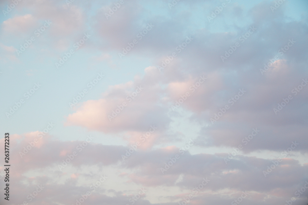 Pink, blue, purple evening sunset sky with cumulus clouds