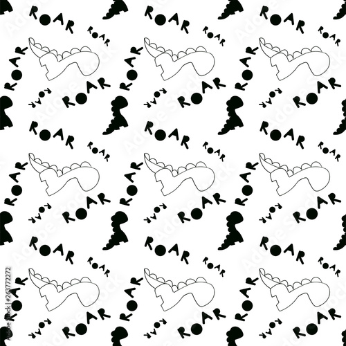 Monochrome Dino pattern. Black and white seamless tile with contour dinosaurs and letter in scandinavian style. Vector Dino print fabric. Illustration card with for poster, clothes, nursery decor