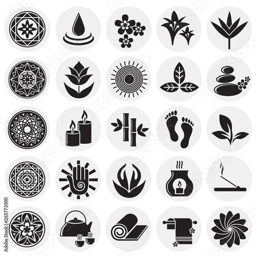 Yoga related icons set on circles background for graphic and web design. Simple vector sign. Internet concept symbol for website button or mobile app.