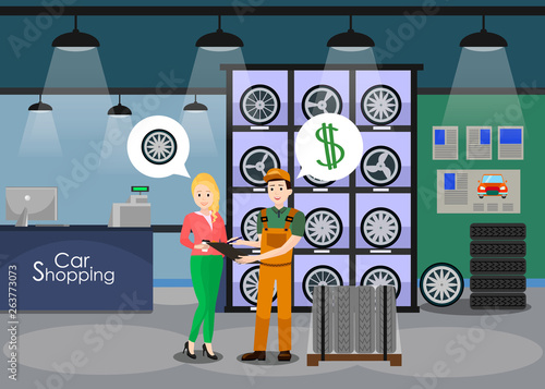 Car Details Shop Interior Flat Vector Illustration