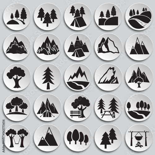 Outdoor landscape icons set on plates background for graphic and web design. Simple vector sign. Internet concept symbol for website button or mobile app.