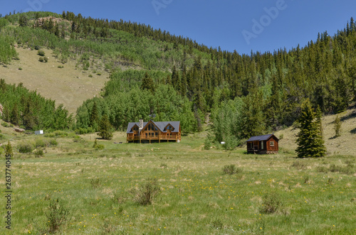 wooden cottages  and green meadows in Buno Gulch valley (Pike National Forest, Colorado, USA) photo