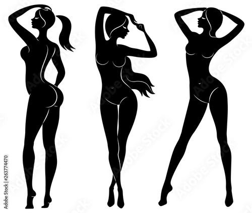 Collection. Silhouette of a sweet lady. A woman is a sexy and slender model. Set of vector illustrations.
