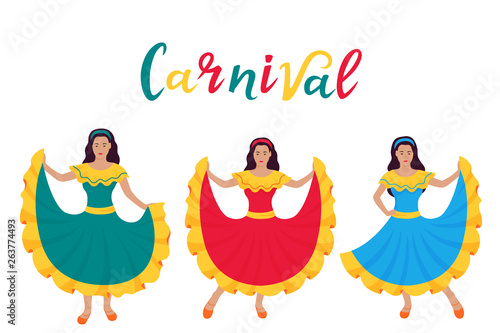 Cinco de Mayo. 5th of May. Carnival. Three young latin girls dancing in traditional Mexican dresses