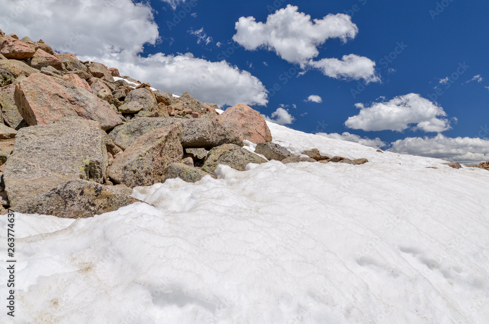 snow and rocks at the top of Mount  Bierstadt (Clear Creek County, Colorado, USA)
