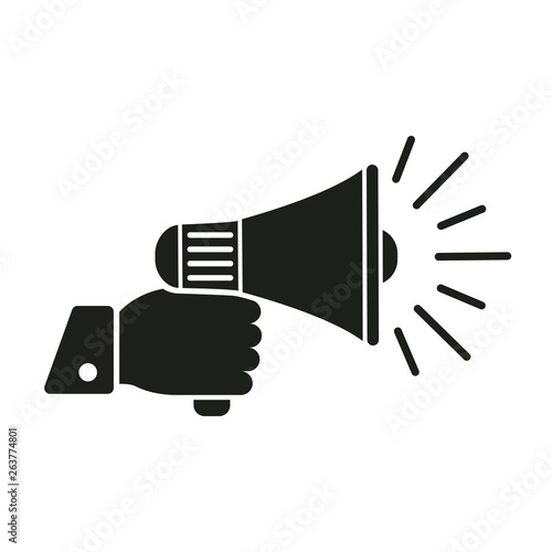 Human hand holding megaphone icon, speaker sign – stock vector