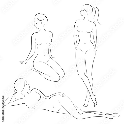 Collection. Silhouette of a sweet lady, she is sitting. The girl has a beautiful nude figure. A woman is a young sexy and slender model. Vector illustration set.