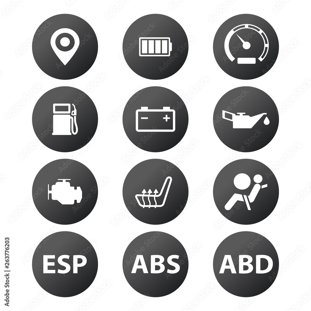 Car dashboard panel indicators, white in black circles. car icon buttons. Electronic stability control, Automatic Brake Differential button. Vector illustration isolated on white background. Car dashboard panel indicators, white in black circles. car icon buttons. Electronic stability control, Automatic Brake Differential button. Vector illustration isolated on white background.