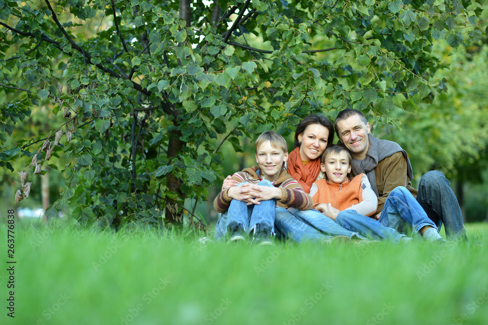 Family of four posing sitting on grass Family of four posing sitting on grass