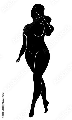 Silhouette of a big woman's figure. The girl is standing. The woman is overweight, she is beautiful and sexy. Vector illustration.