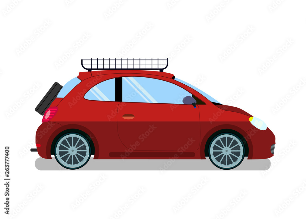 Red Car with Roof Rails Flat Vector Illustration