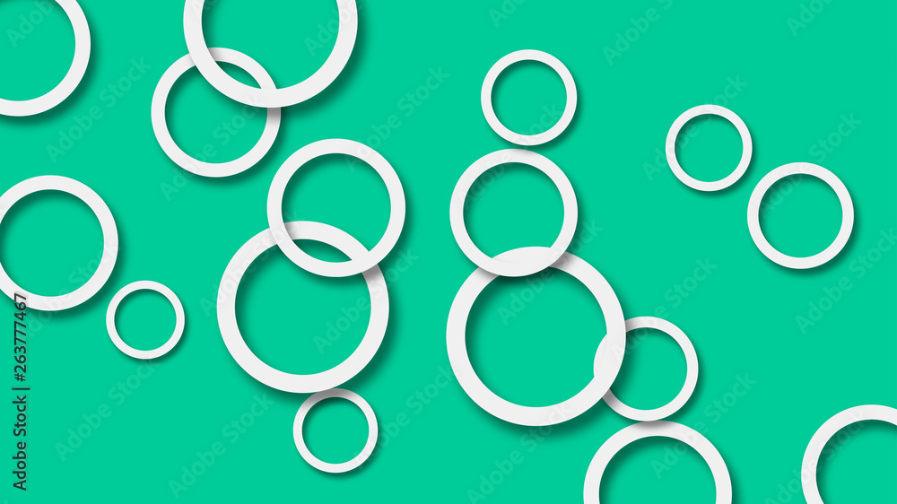 Abstract illustration of randomly arranged white rings with soft shadows on turquoise background Abstract illustration of randomly arranged white rings with soft shadows on turquoise background