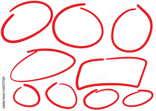 Circle hand drawn isolated on white background. Collection of different hand drawn red circles. For web site, logo and text check. Vector illustration