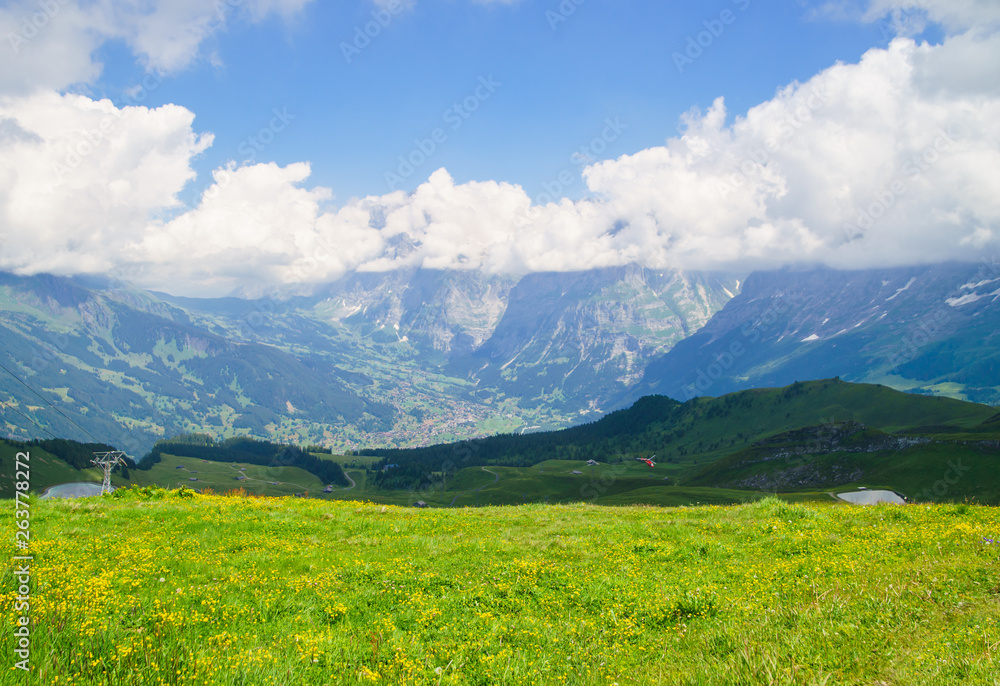 Alpine peaks of Grindelwald and Jungfrau. Landskape background of Bernese highland. Alps, tourism, journey, hiking concept.
