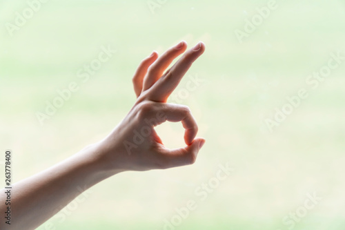 Hand of woman in gesture isolated on blurred background © 0804Creative
