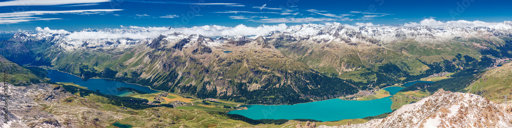 Stunning view of Silsersee, Silvaplanersee, Engadin and Maloja from Corvatsch mountain, Switzerland, Europe