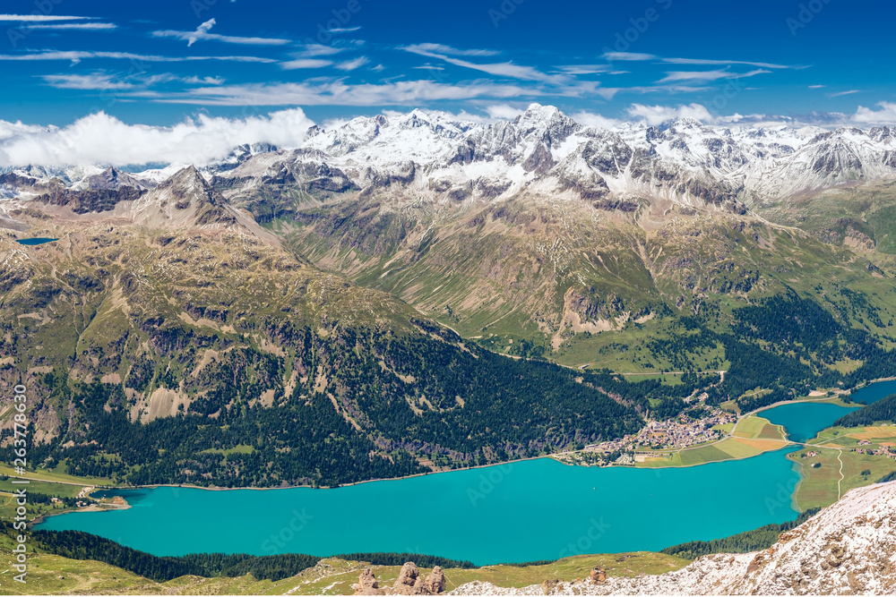 Stunning view of Silsersee, Silvaplanersee, Engadin and Maloja from Corvatsch mountain, Switzerland, Europe