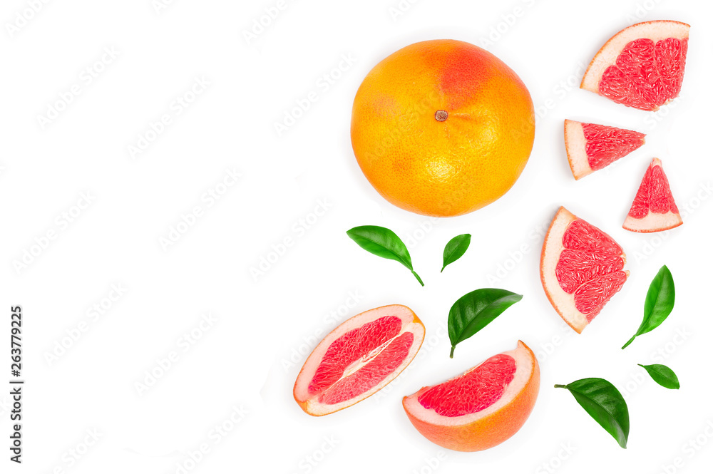 Grapefruit and slices with leaves isolated on white background. Top view. Flat lay pattern Grapefruit and slices with leaves isolated on white background. Top view. Flat lay pattern