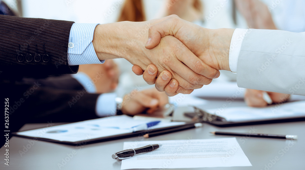 Obraz premium Business people shaking hands at meeting while theirs colleagues clapping and applauding. Group of unknown businessmen and women in modern white office. Success teamwork, partnership and handshake