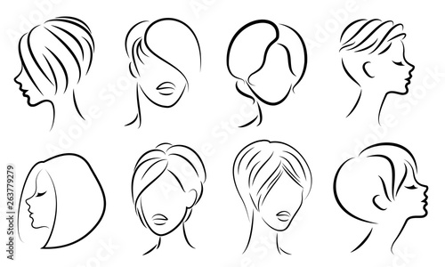 Silhouette of the head of a cute lady. The girl shows her hairstyle for medium and short hair. Suitable for logo, advertising. Vector illustration