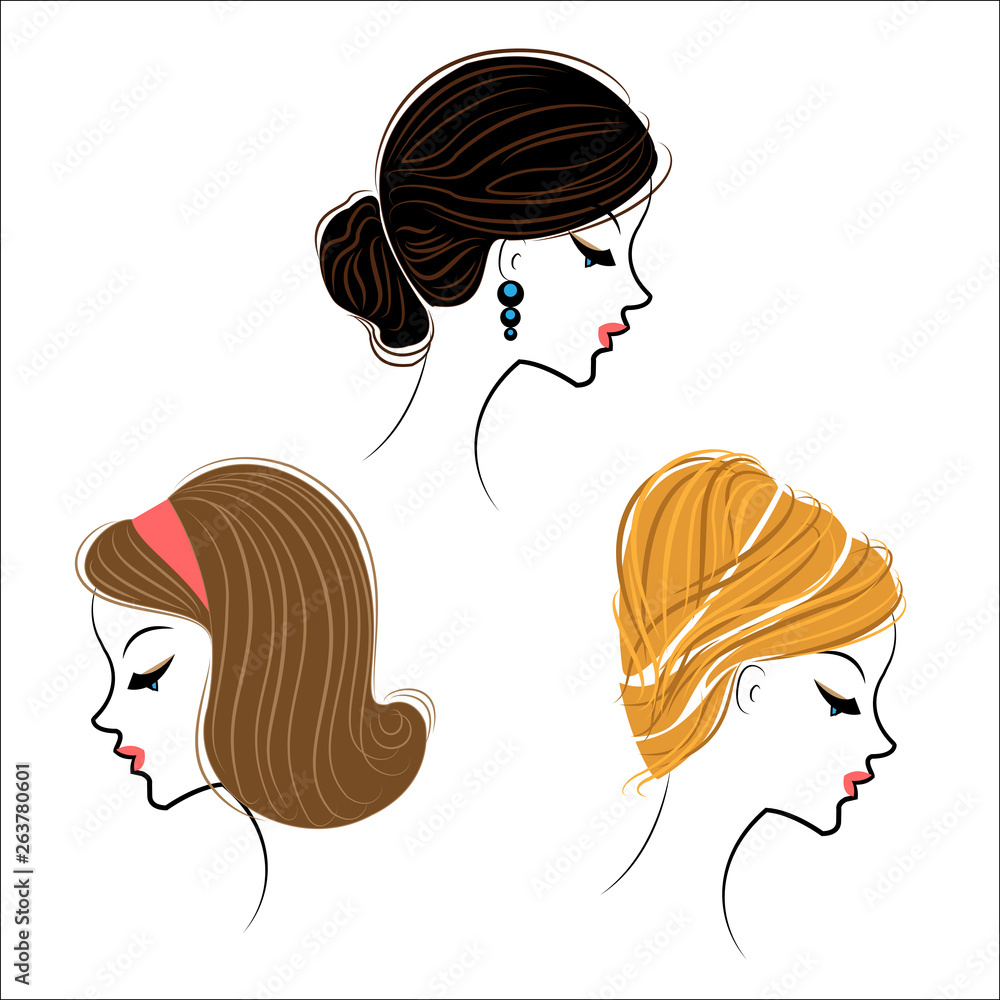 Collection. Silhouette of the head of a cute lady. The girl shows her hairstyle on long and medium hair. Suitable for logo, advertising. Set of vector illustrations Collection. Silhouette of the head of a cute lady. The girl shows her hairstyle on long and medium hair. Suitable for logo, advertising. Set of vector illustrations
